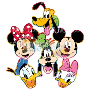 May include: A colorful graphic featuring the faces of six Disney cartoon characters: Mickey Mouse, Minnie Mouse, Donald Duck, Daisy Duck, Goofy, and Pluto. The characters are outlined in black with bright colors and smiling expressions.