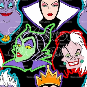 May include: A black background featuring colourful cartoon images of Disney villains. The villains include Maleficent, Ursula, Cruella de Vil, and the Evil Queen. Each villain is outlined in a bright colour.