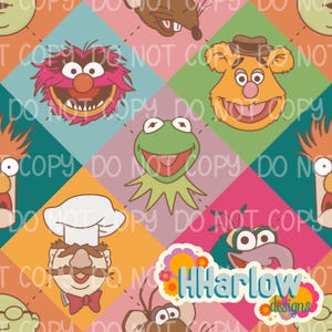 May include: A colorful pattern featuring cartoon characters, including Kermit the Frog, Fozzie Bear, and Animal, set against a diamond-shaped background. The design incorporates various colors like pink, green, orange, and blue. The text "HHarlow designs" is also visible.