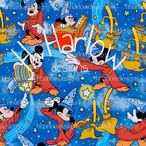 May include: A repeating pattern featuring Mickey Mouse in a wizard costume against a blue sky background. Mickey is depicted in various poses, wearing a red robe and a blue wizard hat, with stars and brooms.