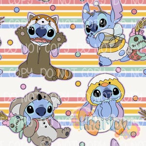 May include: A repeating pattern featuring the character Stitch in various costumes, including a red panda, bee, koala, and chick. The background has colorful horizontal stripes and small circles.