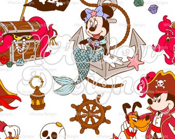 Pirates Mickey Minnie Retro DCL Cruise Seamless Pattern 12x12 300 DPI