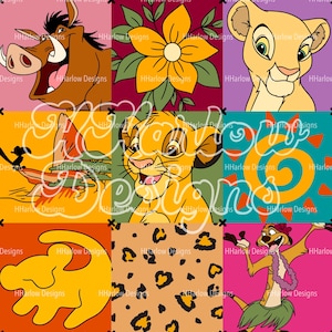 May include: A colorful square pattern featuring characters and elements from the animated film "The Lion King." The design includes images of Simba, Timon, Pumbaa, Nala, and a flower, set against various bright backgrounds.