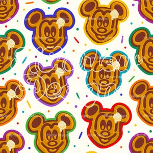 May include: A seamless pattern featuring a cartoon Mickey Mouse head shaped like a waffle with a colorful border. The background is white with confetti sprinkles.
