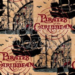 May include: A repeating pattern featuring a vintage illustration of pirates, ships, and the text "Pirates of the Caribbean" in red. The design includes a sepia-toned background with black ship silhouettes and caged pirates.