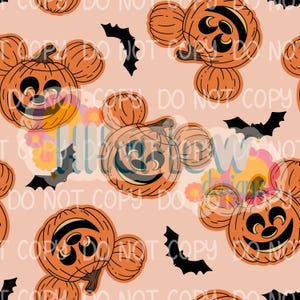 May include: A repeating pattern on a light peach background featuring orange pumpkin shapes with round ears, black carved facial features, and black silhouettes of flying bats. The design includes a watermark text overlay reading DO NOT COPY.