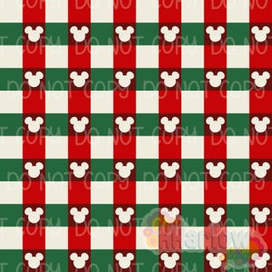 May include: A repeating pattern featuring a grid of red, green, and white squares. White Mickey Mouse head silhouettes are evenly spaced across the grid. The words "DO NOT COPY" are printed across the image.