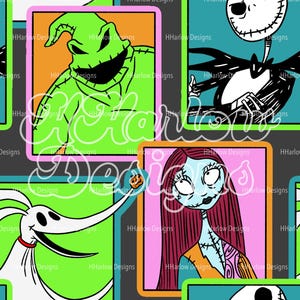 May include: A digital collage featuring characters from the Nightmare Before Christmas movie. The characters are framed in colorful squares with black outlines. The characters include Jack Skellington, Sally, Oogie Boogie, and Zero the ghost dog.