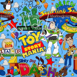 May include: A colorful, cartoon-themed fabric featuring characters from the Toy Story franchise, including Woody, Buzz Lightyear, Slinky Dog, and the words "Toy Story Mania!" and "Slinky Dog Dash".