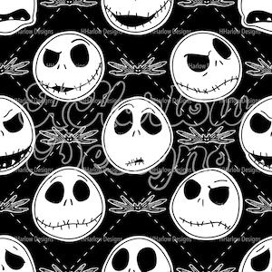 May include: Black and white repeating pattern featuring Jack Skellington's face from The Nightmare Before Christmas. The design includes various facial expressions and bat silhouettes on a black background. The words "Harlow Designs" are repeated throughout the image.