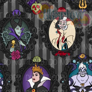 May include: A repeating pattern featuring cartoon villains in ornate black frames against a gray and black striped background. Characters include Maleficent, Cruella de Vil, the Evil Queen, and Ursula, accented by a poison apple and trident.