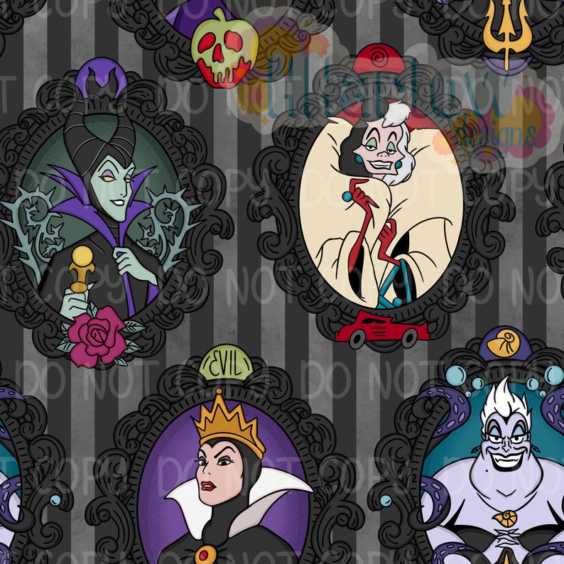 May include: A repeating pattern featuring cartoon villains in ornate black frames against a gray and black striped background. Characters include Maleficent, Cruella de Vil, the Evil Queen, and Ursula, accented by a poison apple and trident.