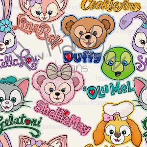 May include: A colorful illustration featuring various Disney characters, including Duffy, ShellieMay, StellaLou, Gelatoni, Cookie Ann, and Olu Mel. The characters are depicted in a cartoon style with bright colors and playful expressions.