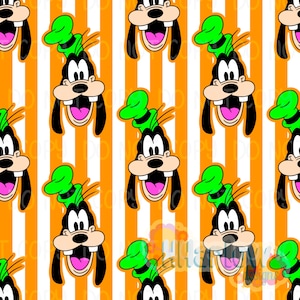 May include: A repeating pattern featuring the cartoon character Goofy with a green hat, black ears, and a wide open mouth. The background has vertical orange and white stripes. The design is suitable for various applications.