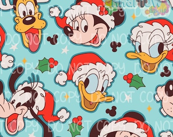 Puede incluir: Patrón repetitivo con personajes de dibujos animados con gorros de Papá Noel sobre un fondo azul claro. El diseño incluye Mickey Mouse, Minnie Mouse, Pato Donald y Goofy, junto con acebo y estrellas, creando un tema festivo navideño.