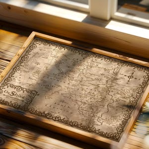 May include: A framed map of The Shire, featuring a detailed cartographic design in sepia tones. The map is enclosed in a light brown wooden frame, with decorative borders and text. The Shire is written in a decorative font.