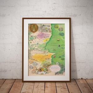 May include: A hand-drawn map of the fictional world of Narnia, from the Chronicles of Narnia book series by C.S. Lewis. The map features the land of Narnia, the Great Eastern Sea, Aslan's Country, and the land of Calormen. The map is in a vintage style with a light brown background and green, yellow, and blue accents.