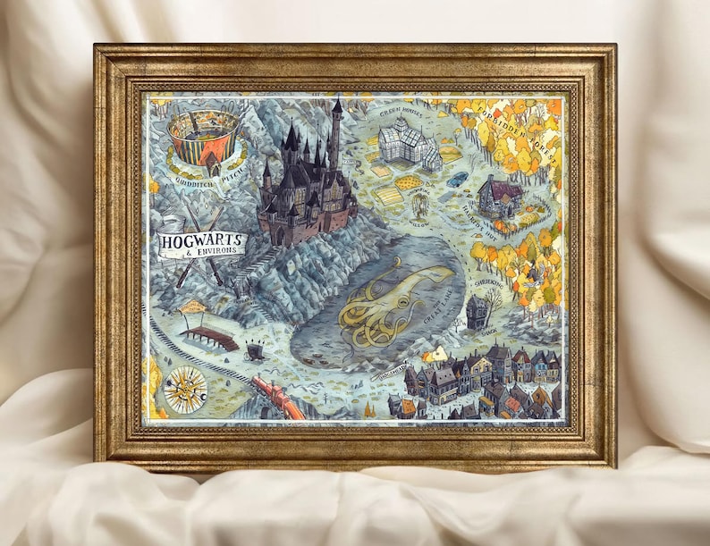 Wizarding Castle Map Poster Fantasy Watercolor Wall Art (digital