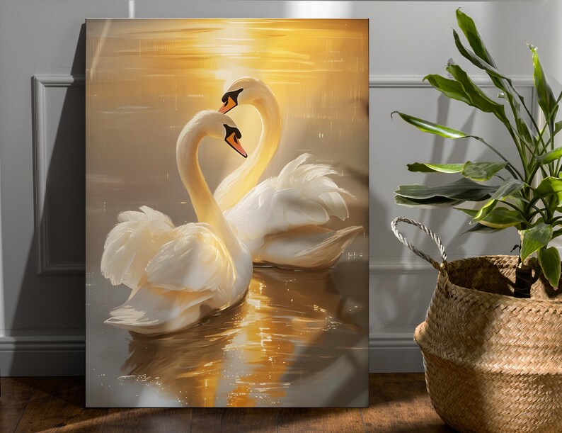 May include: Two white swans with their necks intertwined, swimming in golden sunset water. The swans are in a romantic pose, with their heads touching.