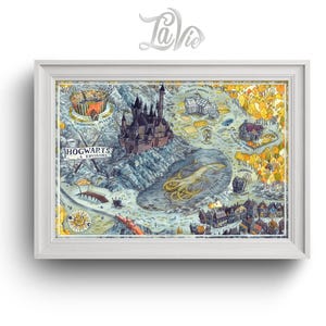 Fantasy Karte Leinwand Poster, Zauberer inspiriert Schloss Aquarell Poster, Studenten betreten die magische Schule, Filmreihe Karte, Wandkunst