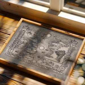 May include: A framed map with a vintage aesthetic. The map is gray with intricate black illustrations of ships, islands, and decorative borders. The wooden frame adds a warm, natural touch. The map is displayed on a wooden surface.