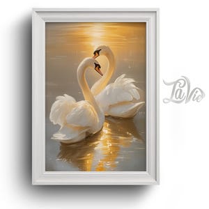 May include: Two white swans with their necks intertwined, swimming in a golden sunset. The water reflects the warm colours of the sky.