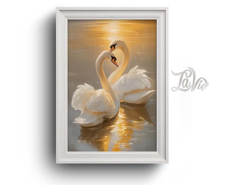 May include: Two white swans with their necks intertwined, swimming in a golden sunset. The water reflects the warm colours of the sky.