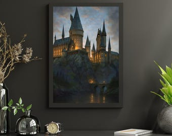 Lámina artística de castillo mágico, decoración de castillo nocturno de fantasía, descarga digital de paisaje encantado