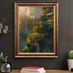 May include: A framed art print showing a fantasy village on a cliff, with waterfalls and greenery. The artwork has warm lighting and a golden-brown frame. The print is displayed on a wooden surface. The image is reminiscent of a fantasy novel.