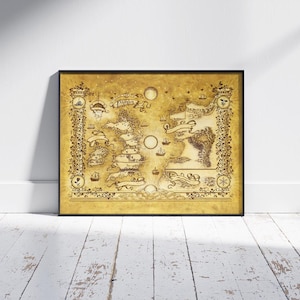 May include: A framed, antique-style map with a sepia tone. The map features detailed illustrations of landmasses, ships, and decorative borders. The word "Dania" is written across the top. The frame is black, and the map is displayed against a white wall.