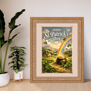 Plakat z okazji Dnia Świętego Patryka w stylu vintage, irlandzka tęczowa sztuka z koniczyną w złotym garnku (do pobrania w wersji cyfrowej)