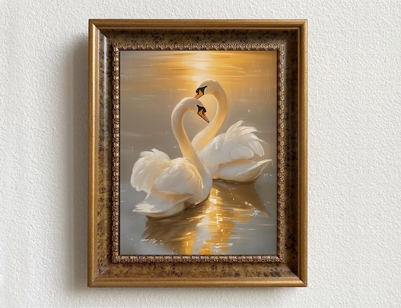 Swan Lake Sunset Art Print: Vintage Farmhouse Painting (Digital Download)