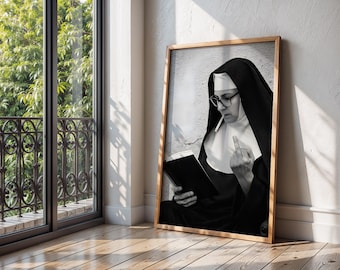 Dark Humor Nun Portrait Print | Black and White Illustration (Digital Download)