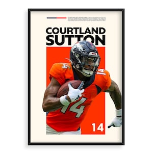 May include: A digital illustration of American football player Courtland Sutton wearing a Denver Broncos uniform. He is running with the ball in his hands. The background is orange and the text "Courtland Sutton" is in black.
