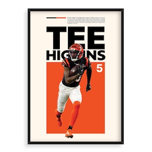 May include: A digital art print featuring a football player in a white jersey and orange pants running with the ball. The player is wearing a helmet and has the number 5 on his jersey. The background is orange and the player's name "Tee Higgins" is written in black letters above him.