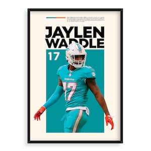 Puede incluir: Un jugador de fútbol americano vistiendo una camiseta turquesa con el número 17. El jugador lleva un casco blanco con una visera turquesa. El jugador está de pie sobre un fondo turquesa con el texto "JAYLEN WADDLE" en letras negras sobre el jugador y el número "17" en letras blancas a la izquierda del jugador.