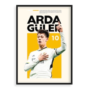 May include: Framed poster featuring Arda Güler, a Turkish professional footballer, in a white jersey with the number 10. The poster has a yellow background and black text that includes his name and biographical information.