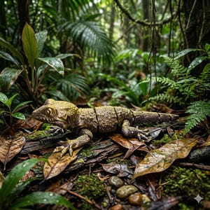 Peut inclure: Figurine de lézard détaillée, aux tons bruns et beiges, posée sur un lit de feuilles et de mousse. L'arrière-plan présente un feuillage vert luxuriant, créant une ambiance de jungle. La peau texturée et les détails réalistes du lézard sont mis en évidence.
