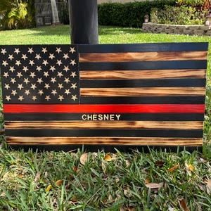 Fireman Flag, Thin Red Line Wooden American Flag, Custom, Fire Department, Personalized, Firefighter, Handmade, Retirement, Gift, Engraved