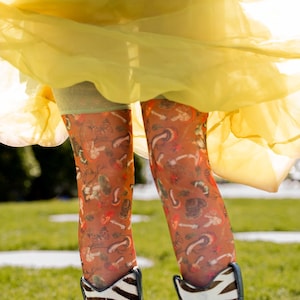 May include: A person wearing brown tights with a mushroom pattern, a yellow skirt, and zebra-print cowboy boots. The tights feature a repeating design of various mushrooms in shades of brown, red, and green.