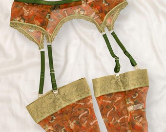 Mushroom Print Garter Belt & Stockings – Whimsical Fairycore Lingerie Set, XS–2XL