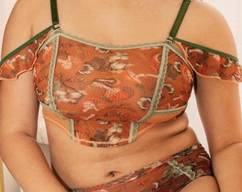 Whimsical Lingerie Set – Mushroom Fairy Print Adjustable Corset + Panties, Plus Size XS–5X