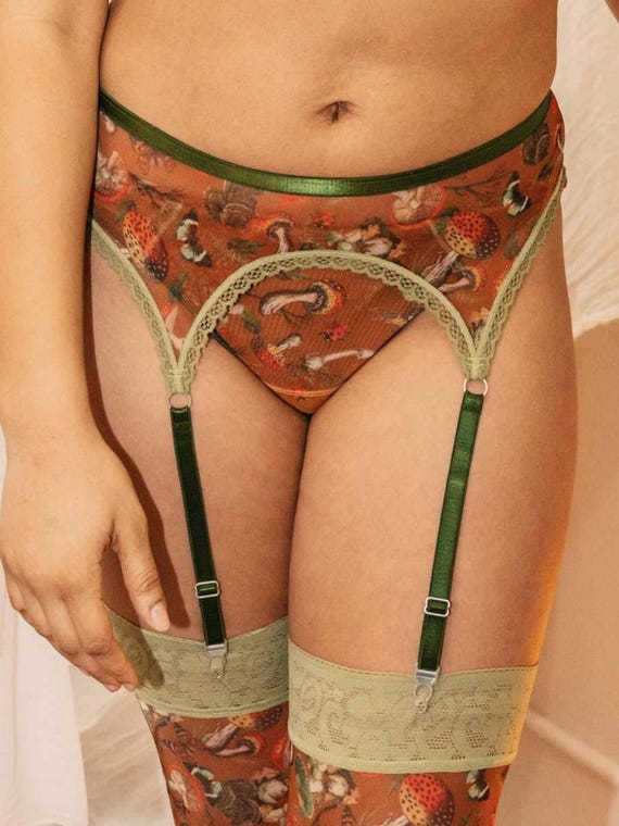 Mushroom Print Garter Belt & Stockings – Whimsical Fairycore Lingerie Set, XS–2XL