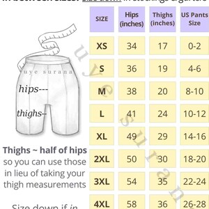 May include: A Stockings Size Chart featuring a table with columns for size, hips in inches, thighs in inches, and US pants size. A line drawing of a lower torso with a measuring tape is shown with labels for hips and thighs. Text includes instructions to size down if in between sizes and that thighs are half of hips.