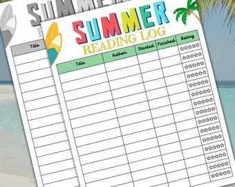 May include: Two printable summer reading log sheets featuring the text SUMMER READING LOG in colorful letters. The pages include columns for Title, Author, Started, Finished, and Rating with star icons, decorated with surfboard and palm tree graphics.