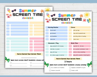 Editable Summer Screen Time Checklist: Kids Daily Routine Tracker (Printable PDF)