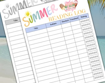 May include: A printable summer reading log sheet featuring the text Summer Reading Log in colorful letters, a stack of books, an ice cream cone, and a popsicle. The table includes columns for Title, Author, Started, Finished, and a star rating.