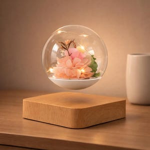 May include: A clear glass orb with a pink flower arrangement and fairy lights levitates above a wooden base. The base is a light brown square. A white vase is in the background.