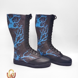 Botas de lucha libre profesional de cuero hechas a mano, con estampado personalizado de árbol en negro y azul.