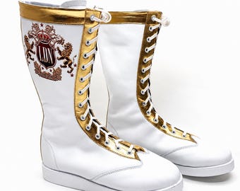 Custom Pro Wrestling Boots, White & Gold Leather Ring Boots, Personalized Logo Lace-Up Wrestling Shoes, Handmade Wrestler Gear